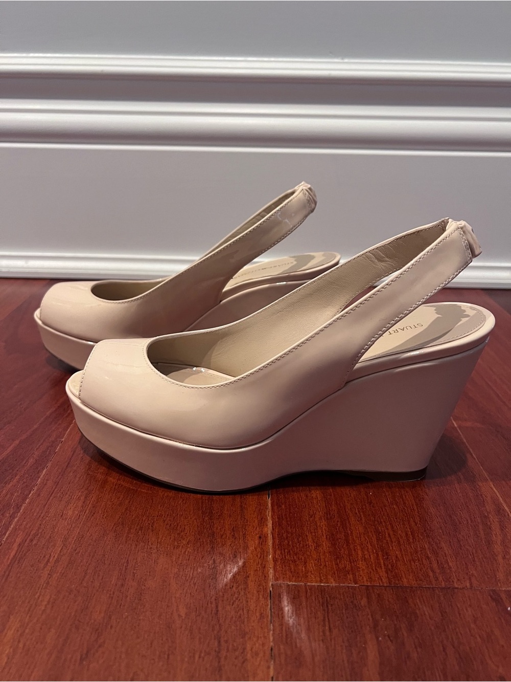 Stuart Weitzman Nude Patent Leather Platform Wedge Slingback Heels 6.5M